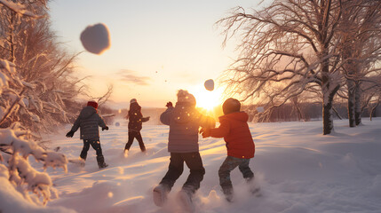 Group of children doing snowball fight, having fun outdoors in winter countryside with trees and surface covered with snow, setting sun in the background.