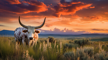 A wild longhorn cow on the prairie, AI Generative.