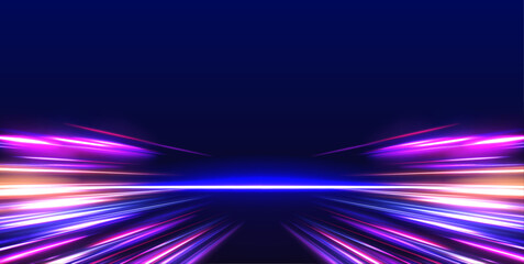 Vector speed of light in space on dark background. Abstract background in blue, yellow and orange neon colors. Magic of moving fast lines. Laser beams, horizontal light rays. Particle motion effect.	