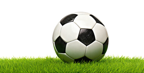 Soccer football ball on green grass, cut out
