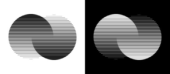 Transition in two circles with parallel lines. Abstract art geometric background for logo, icon, tattoo. Black shape on a white background and the same white shape on the black side. - obrazy, fototapety, plakaty