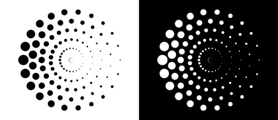 Modern abstract background. Halftone dots in circle form. Round logo, design element or icon. Vector dotted frame. A black figure on a white background and an equally white figure on the black side. - obrazy, fototapety, plakaty