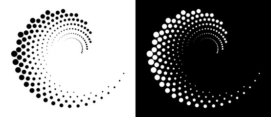 Modern abstract background. Halftone dots in circle form. Round logo, design element or icon. Vector dotted frame. A black figure on a white background and an equally white figure on the black side. - obrazy, fototapety, plakaty