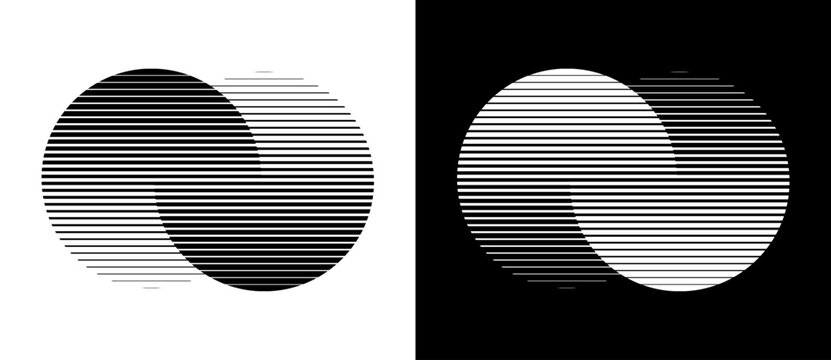 Transition in two circles with parallel lines. Abstract art geometric background for logo, icon, tattoo. Black shape on a white background and the same white shape on the black side.