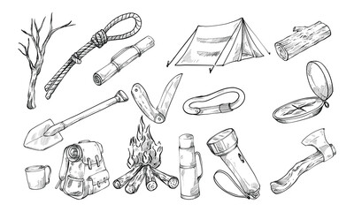 hiking equipment handdrawn collection