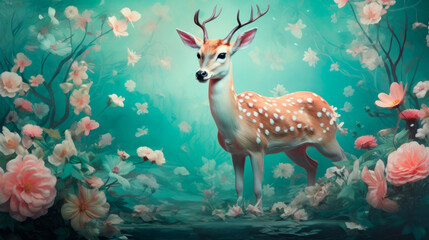 Surrealistic deer with human body and pose, dressed in an elegant floral dress and holding a bouquet of flowers. Nature Conservation. Fantasy illustration. cover artwork. Delicacy and elegance
