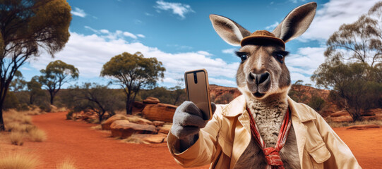 Kangaroo in a safari outfit taking a selfie in the desert. - obrazy, fototapety, plakaty