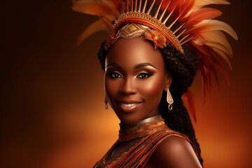 Pretty young African princess smiling with necklaces and feathers on her head on warm background - obrazy, fototapety, plakaty