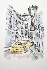 Quiet side street, city sketch created with liner and markers. Color illustration on watercolor paper
