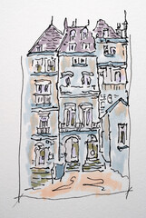 Urban development, city sketch created with liner and markers. Color illustration on watercolor paper