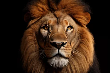 Foto op Plexiglas portrait of a male lion looking at the camera on black background © Alvaro