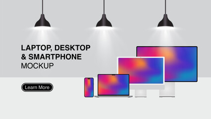 Modern Laptop, Desktop Computer with Smartphone Front View Mockup website Banner, for UI/UX App and Website Presentation Vector Illustration. - obrazy, fototapety, plakaty