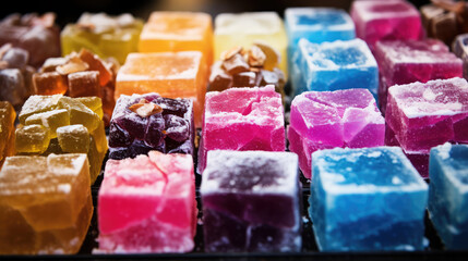 Assortment of different Turkish Delight on the counter of a street bazaar. Traditional Turkish sweets, variety of colorful sugar rahat lukum.