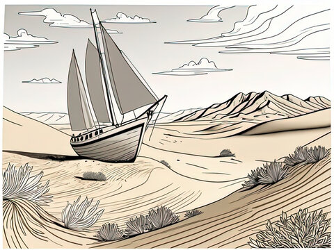 a drawing of a boat in the sand with mountains in the background