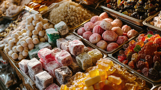 Assortment of different Turkish Delight on the counter of a street bazaar. Traditional Turkish sweets, variety of colorful sugar rahat lukum.