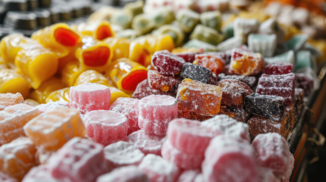 Assortment of different Turkish Delight on the counter of a street bazaar. Traditional Turkish sweets, variety of colorful sugar rahat lukum.
