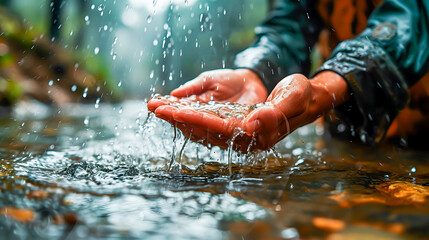 World Water Day. Hands catching water in a river.