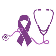 world cancer day, Cancer Awareness Concept With purple Color Ribbons, celebrating the lives of brave warriors fist up ribbons and stethoscope