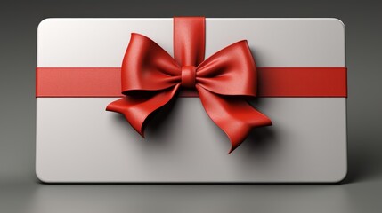 Blank white rounded square sign or empty white present mock-up button signboard with red gift ribbon bow isolated on grey wall background with shadow minimal concept 3D rendering
