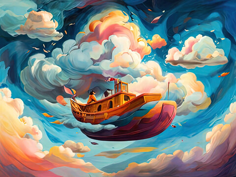 painting of a boat floating in the sky with a rainbow colored background
