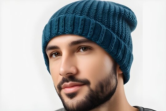 Portrait of a Beanie against white background, A close-fitting, knitted cap that hugs the head, covering the ears, and often worn for warmth in colder weather, generative AI