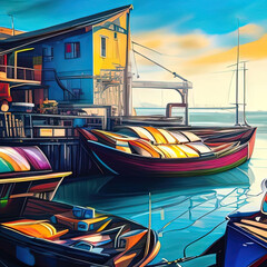 Fototapeta na wymiar painting of a colorful boat dock with a house and a boat