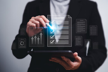 Document control of Human resources and financial concepts, Businesswomen use tablets for document management and data control,  Financial reports, Quality checklists for Human resources of company