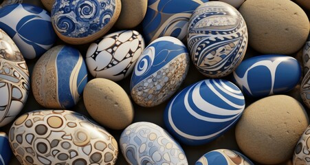 A stunning collection of blue and white stones arranged in an ornate pattern, reminiscent of a pebbled beach. Generative AI.
