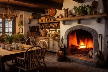 Interior of a rustic house with fireplace and dining table, A cozy country kitchen with a warm, inviting fireplace, AI Generated - obrazy, fototapety, plakaty