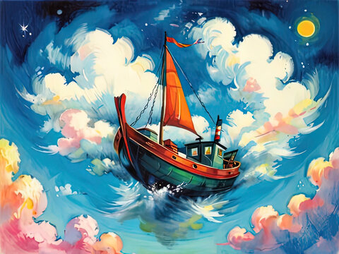 painting of a boat floating in the ocean with a moon in the sky