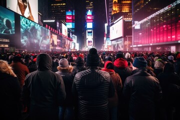 Crowds of people at Times Square in New York, USA. Times Square is a major commercial intersection and entertainment area in Manhattan, A crowd waiting for the ball drop at Times Square, AI Generated