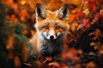 Red fox in the autumn forest. Beautiful red fox in the autumn forest, A curious fox peeking out of an autumn forest, AI Generated