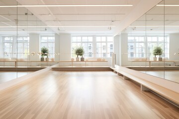 Ballet hall with wooden floor and large windows in a modern ballet hall, A dance studio with a...