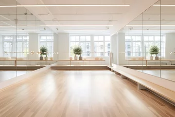 Photo sur Aluminium École de danse Ballet hall with wooden floor and large windows in a modern ballet hall, A dance studio with a sleek barre and wide mirrors, AI Generated