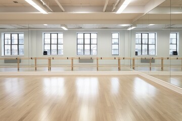 interior of a modern dance hall with wooden floor and white walls, A dance studio with a sleek barre and wide mirrors, AI Generated