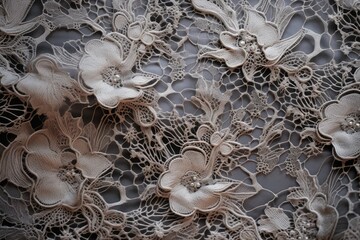 Close up detail of beige lace fabric with flowers on it, A delicate and intricate texture of lace, AI Generated