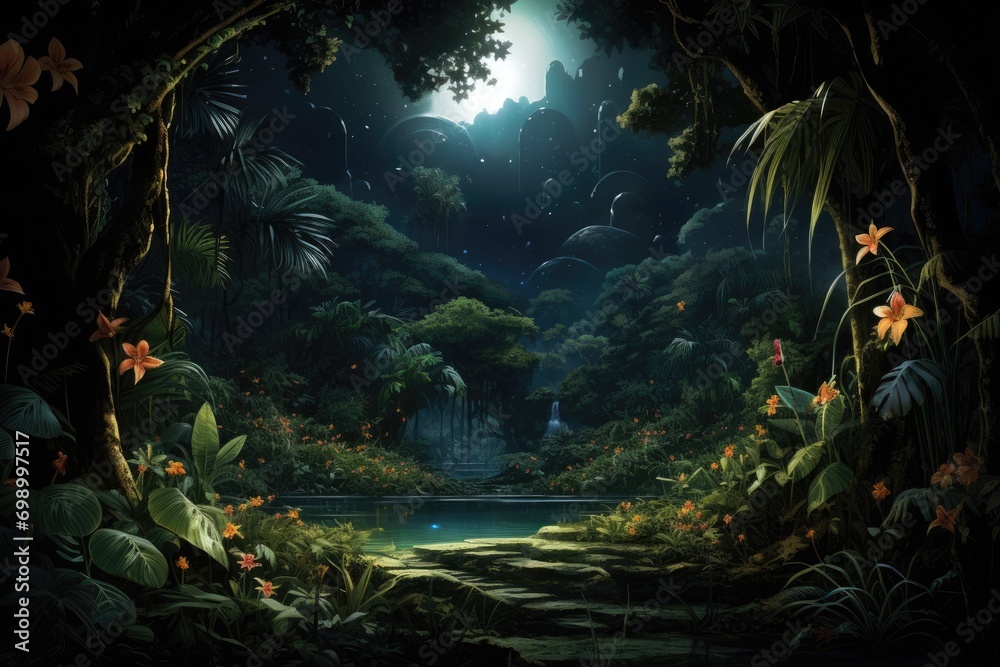 Canvas Prints Fantasy landscape with magic forest and lake - illustration for children, A dense tropical rainforest with exotic plants and glowing fireflies, AI Generated