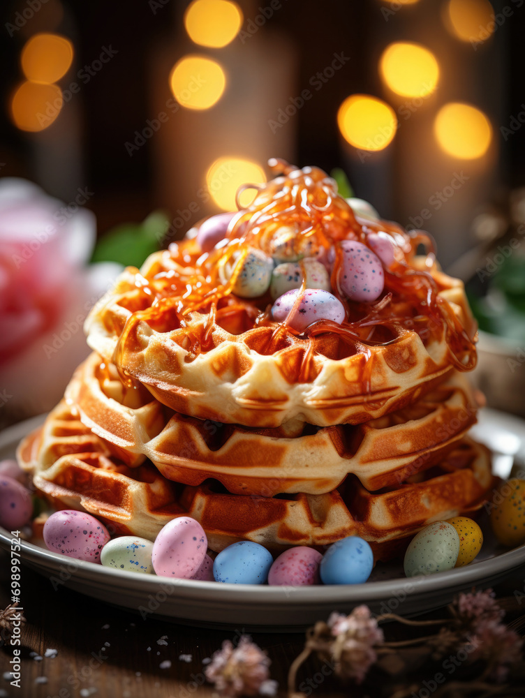 Poster easter waffle with easter decoration. and painted colorful eggs decoration.