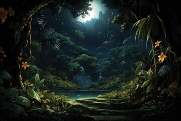 Fantasy landscape with magic forest and lake - illustration for children, A dense tropical rainforest with exotic plants and glowing fireflies, AI Generated