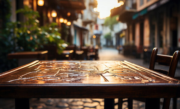 Fototapeta extreme closeup, low angle shot of cafe tabletop in an italian street