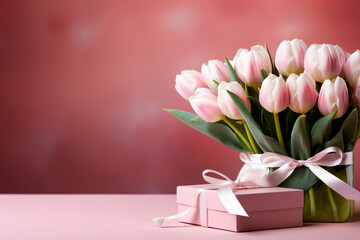 Bouquet of Spring pink tulips and gift box on pink background with copy space. Greeting card. Mothers day, Valentines Day, Birthday celebration concept.