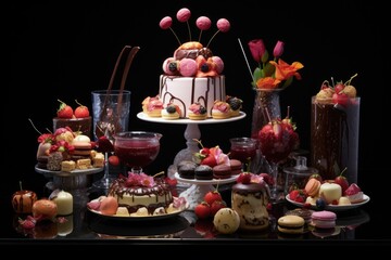 Assortment of different cakes on a black background. Toned, A display of decadent desserts made for mom, AI Generated
