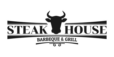 Steak house logo. BBQ, grill, meat restaurant emblem. Steakhouse sign or icon design with bull or cow head. Vector illustration.