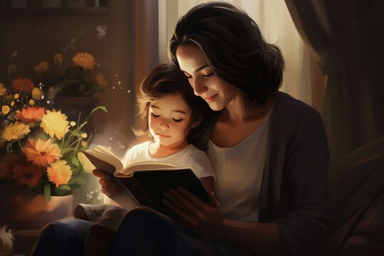 Mother and daughter reading book together at home. Happy family concept, A digital painting of a mother reading a Mothers Day card, AI Generated