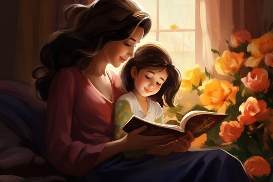 Mother and daughter reading a book in bed at home. Happy family concept, A digital painting of a mother reading a Mothers Day card, AI Generated