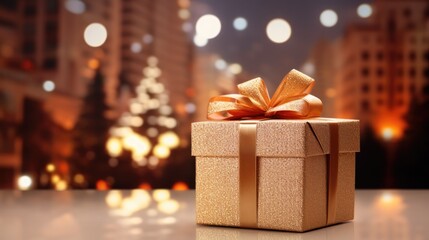 Festive gift amid vibrant Christmas backdrop, holiday surprises await