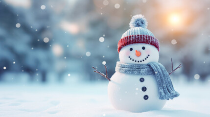 Frosty snowman amidst wintry backdrop, seasonal joy and charm. - obrazy, fototapety, plakaty
