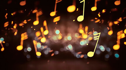 A close up of a group of musical notes with bokeh blurred background, on a string suitable for music event posters, band flyers, music education materials, and concert promotions. - obrazy, fototapety, plakaty