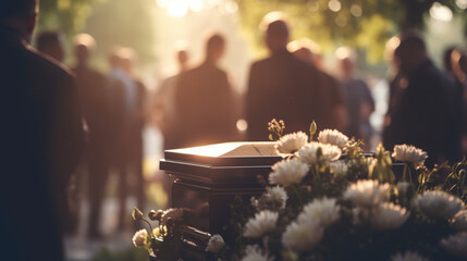 Black coffin at funeral, farewell to the deceased people