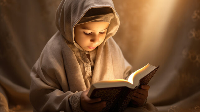reads Quran, displaying deep spiritual connection.